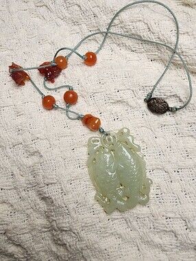 Vintage GENUINE Green Jade Twin Carp Pendant Necklace w/ Carnelian Cat Accents